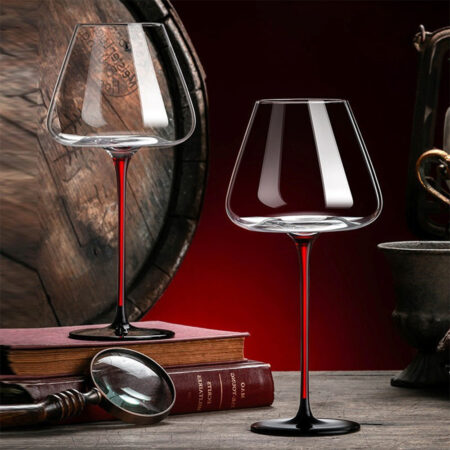 Handblown Red Stem Wine Glass with black base, luxury borosilicate glass for wine, cocktails, and home bar entertaining.